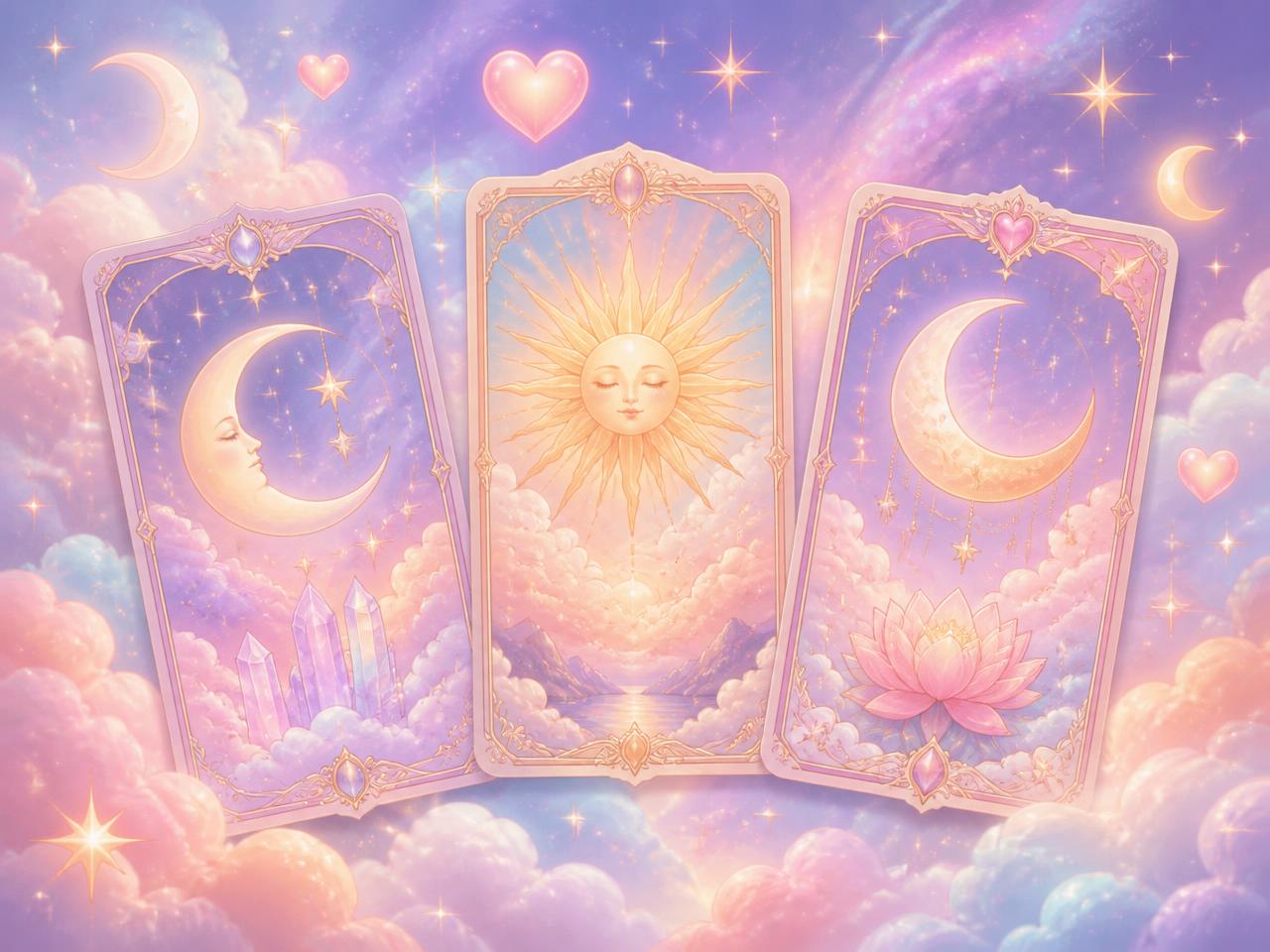 Three pastel tarot cards floating among clouds, stars and hearts